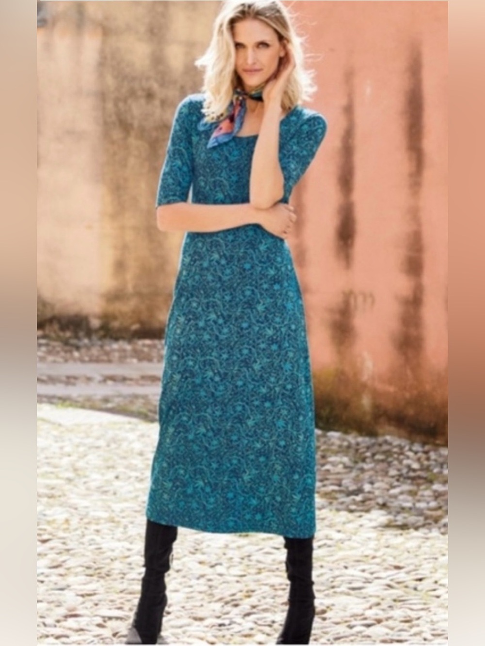 Peruvian Connection Dress Size M Byzantine Cotton Jersey Scoop Neck Midi Boho